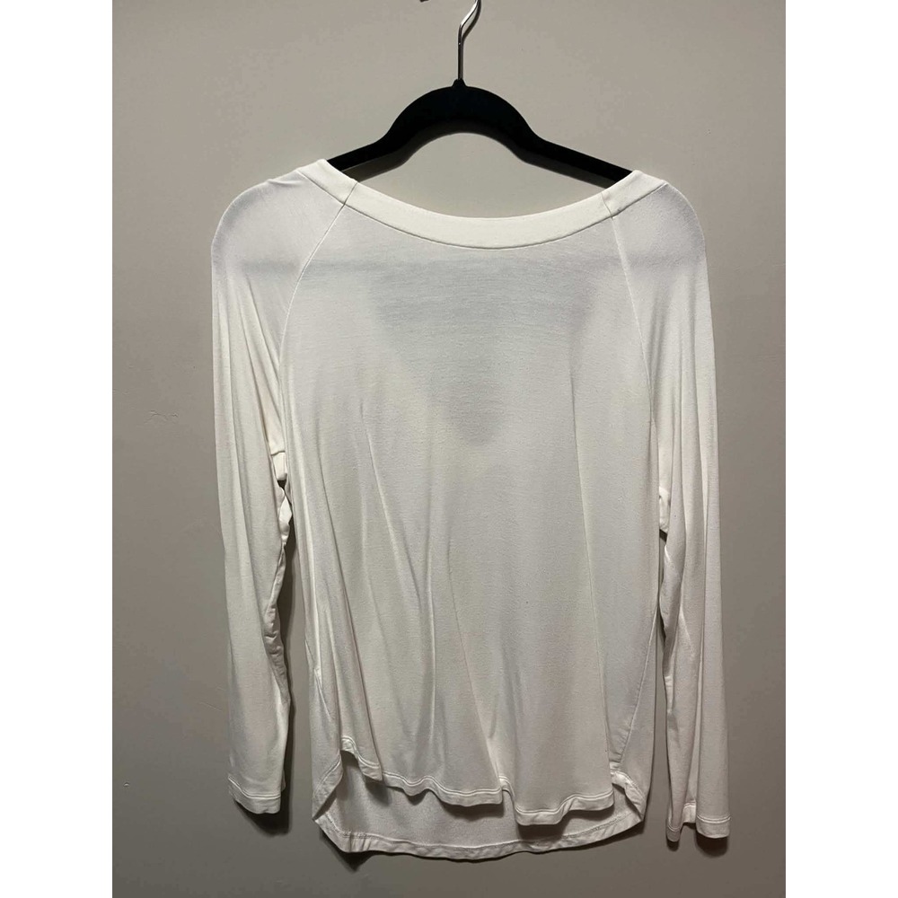 Cabi Womens White Long Sleeve V-Neck Striped Band Top Size M Raglan Hem